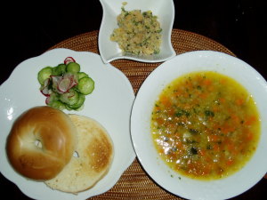 ひよこ豆のポテトサラダ風、プレスサラダ、野菜スープ